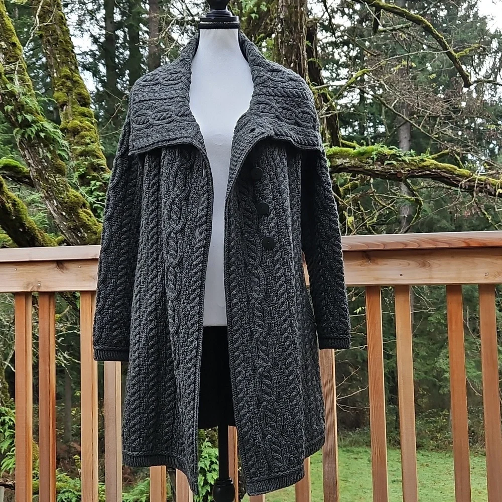 Aran Craft Cardigan | Large  Collar | Forest Green | Button Up | Pockets Size S - Picture 10 of 16